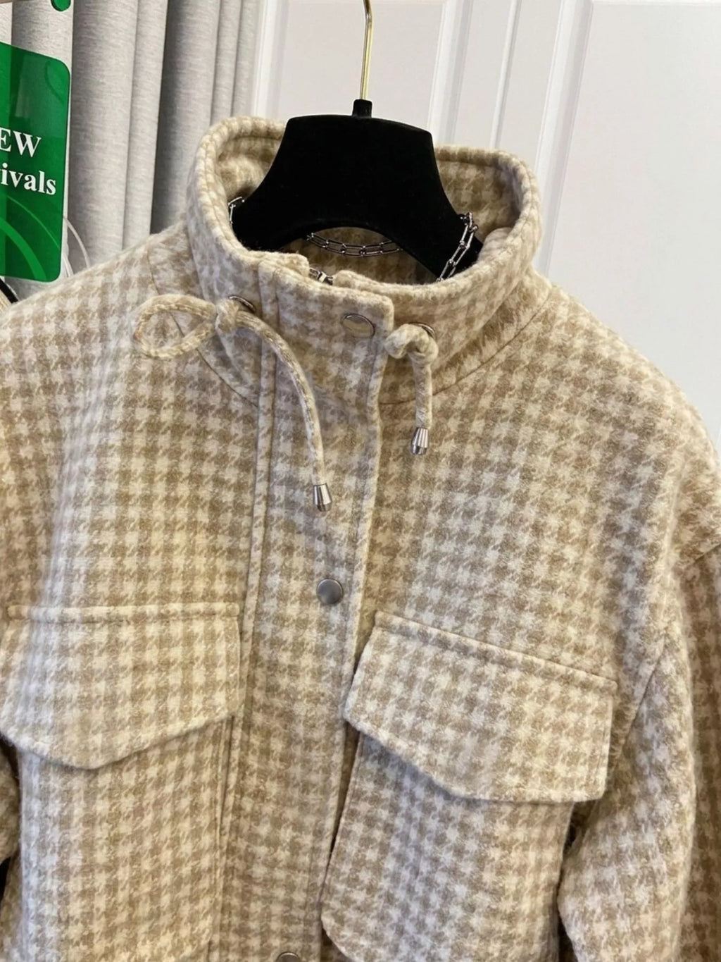 Sadie Houndstooth Cropped Utility Jacket in Apricot, product view