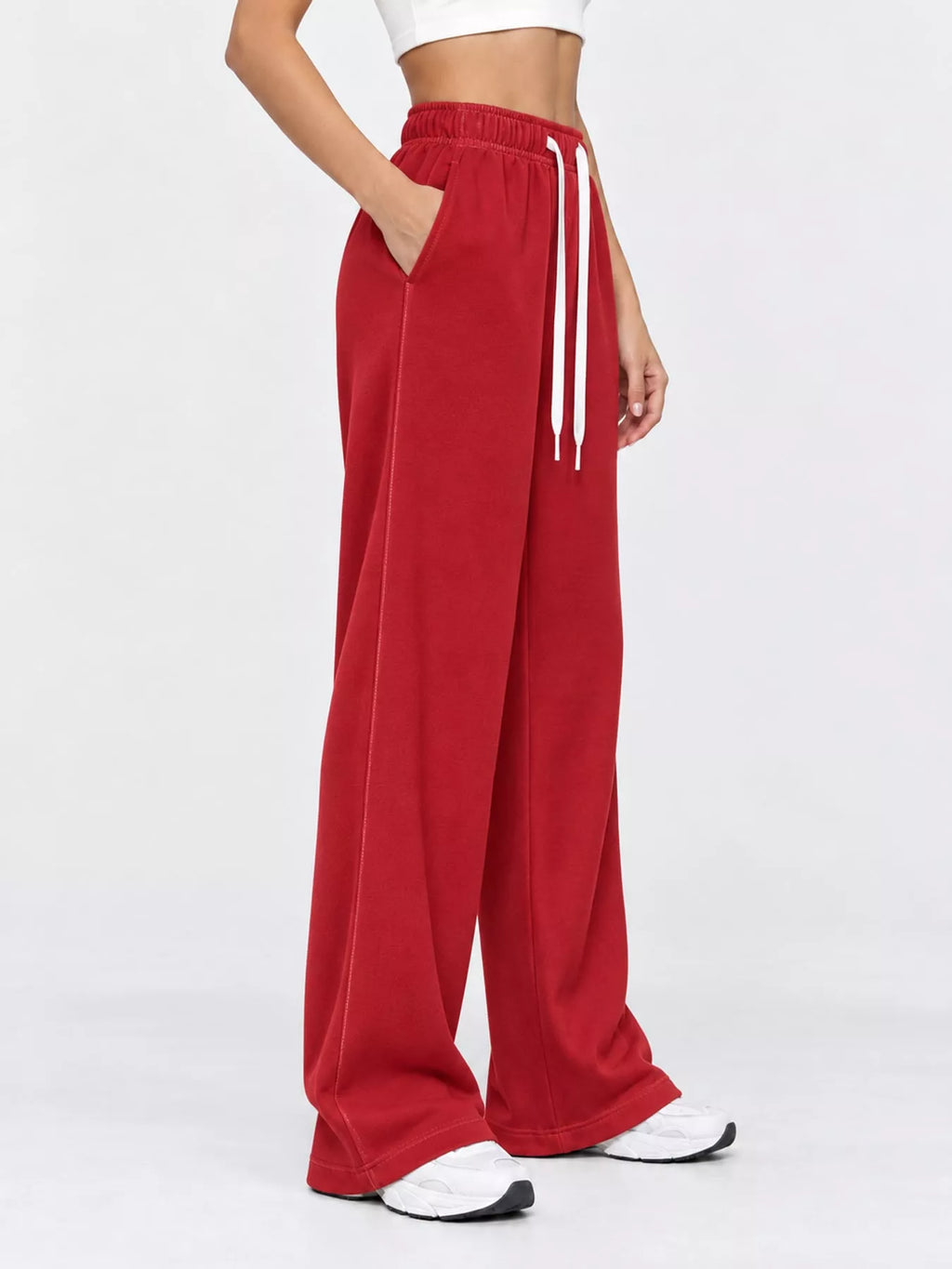 Odessa Drawstring Wide-Leg Sweatpants in Red, on model