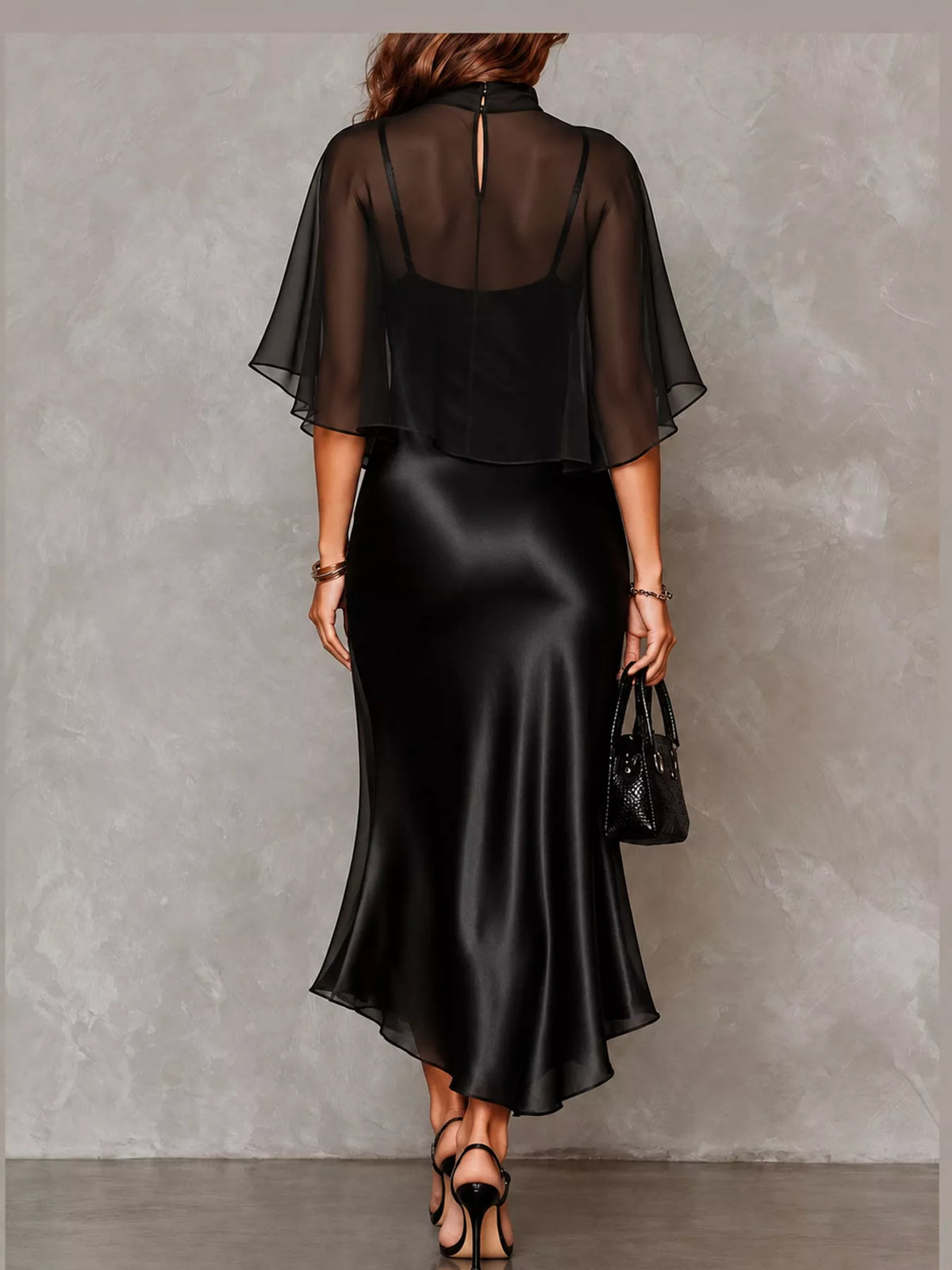 Calla Satin Slip Dress + Sheer Cape Set in Black, on model