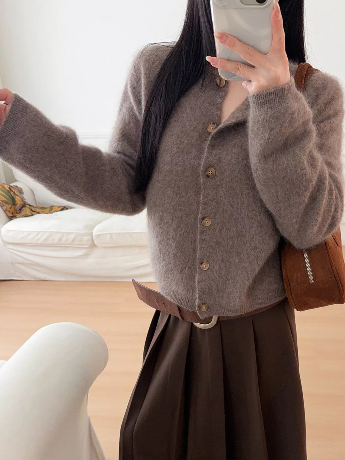 Flora Fuzzy Cropped Button Cardigan in Coffee, on model