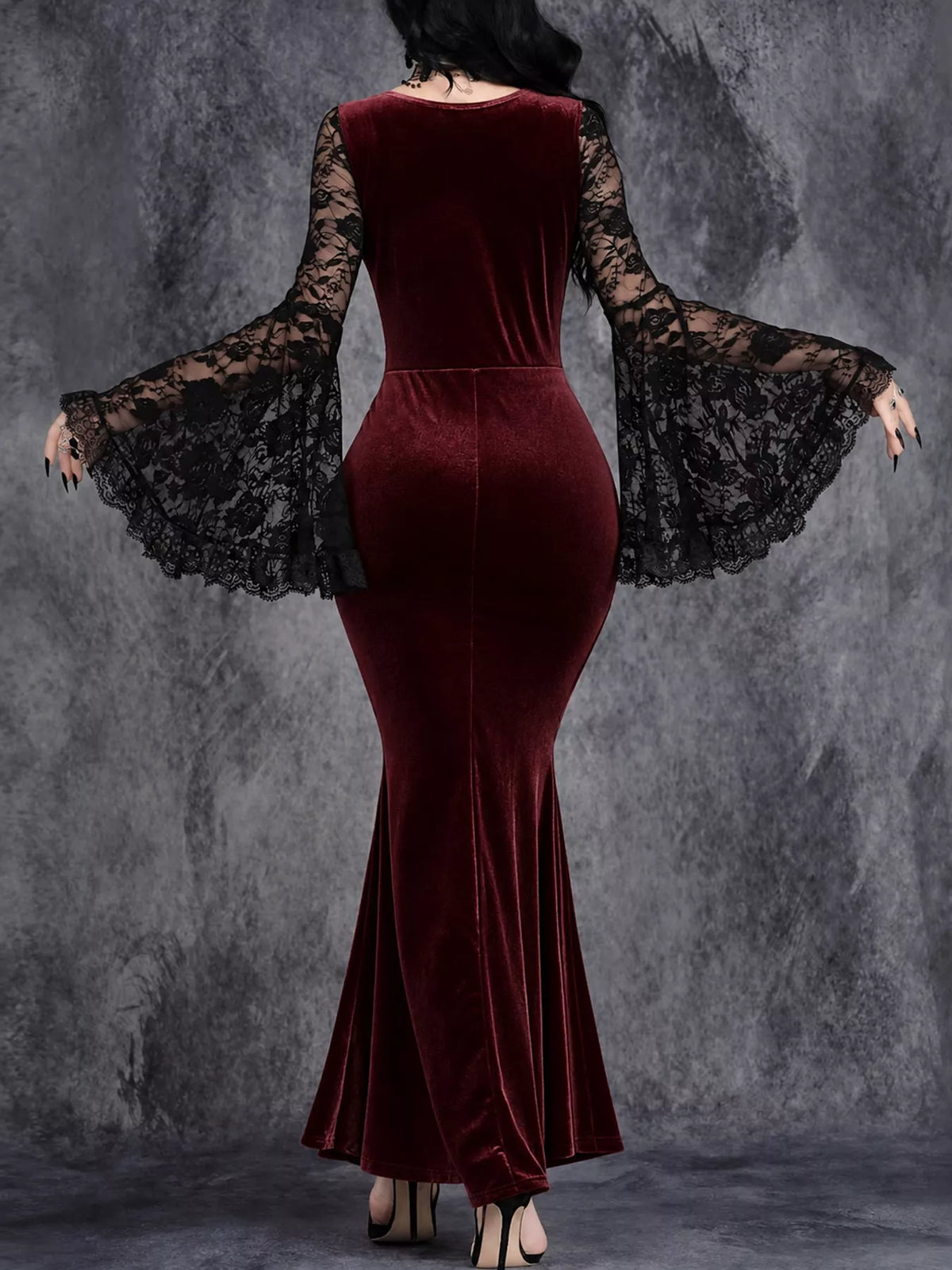 Romilly Velvet Lace Bell-Sleeve Mermaid Maxi Dress in Burgundy, on model