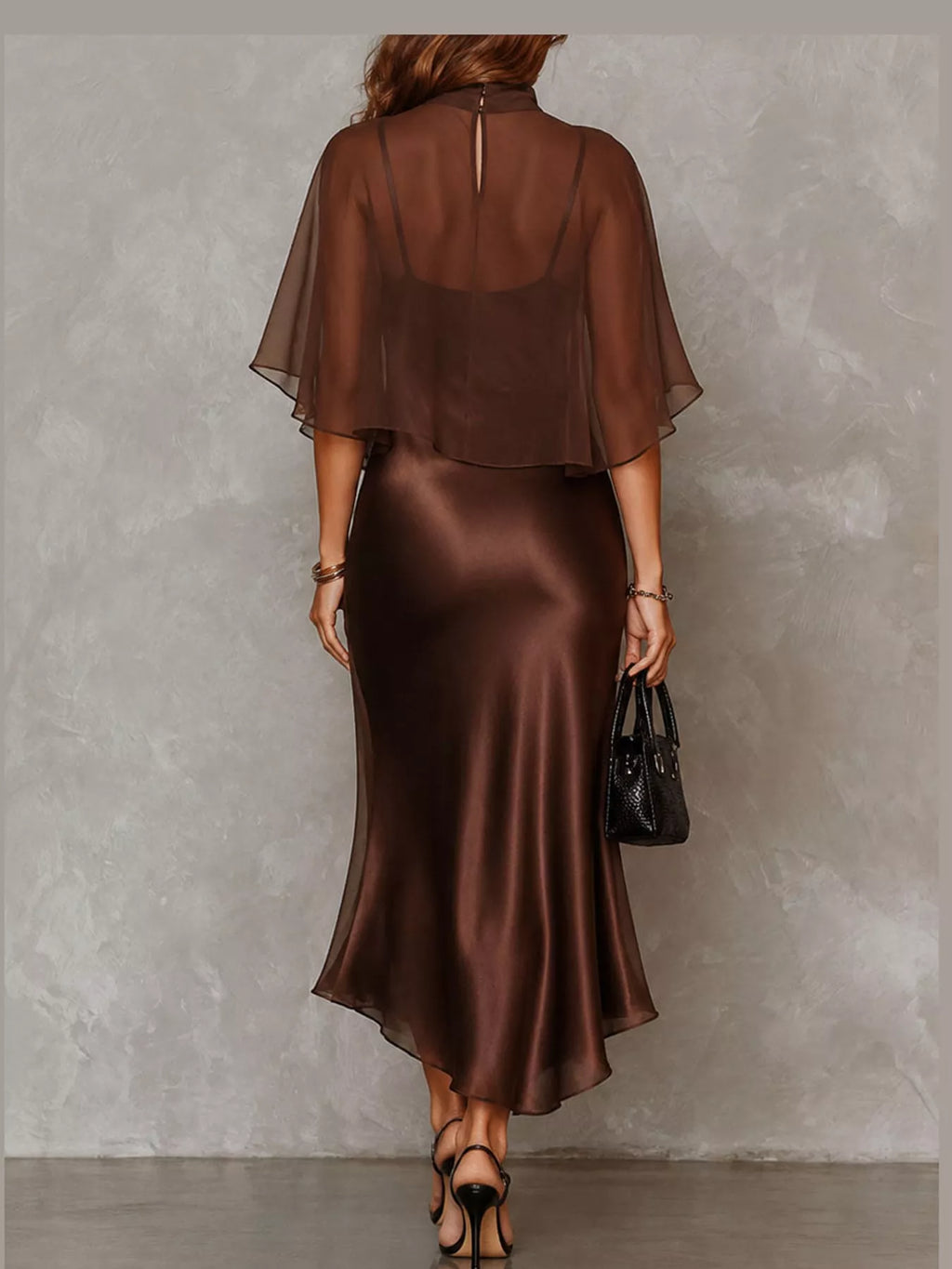 Calla Satin Slip Dress + Sheer Cape Set in Coffee, on model