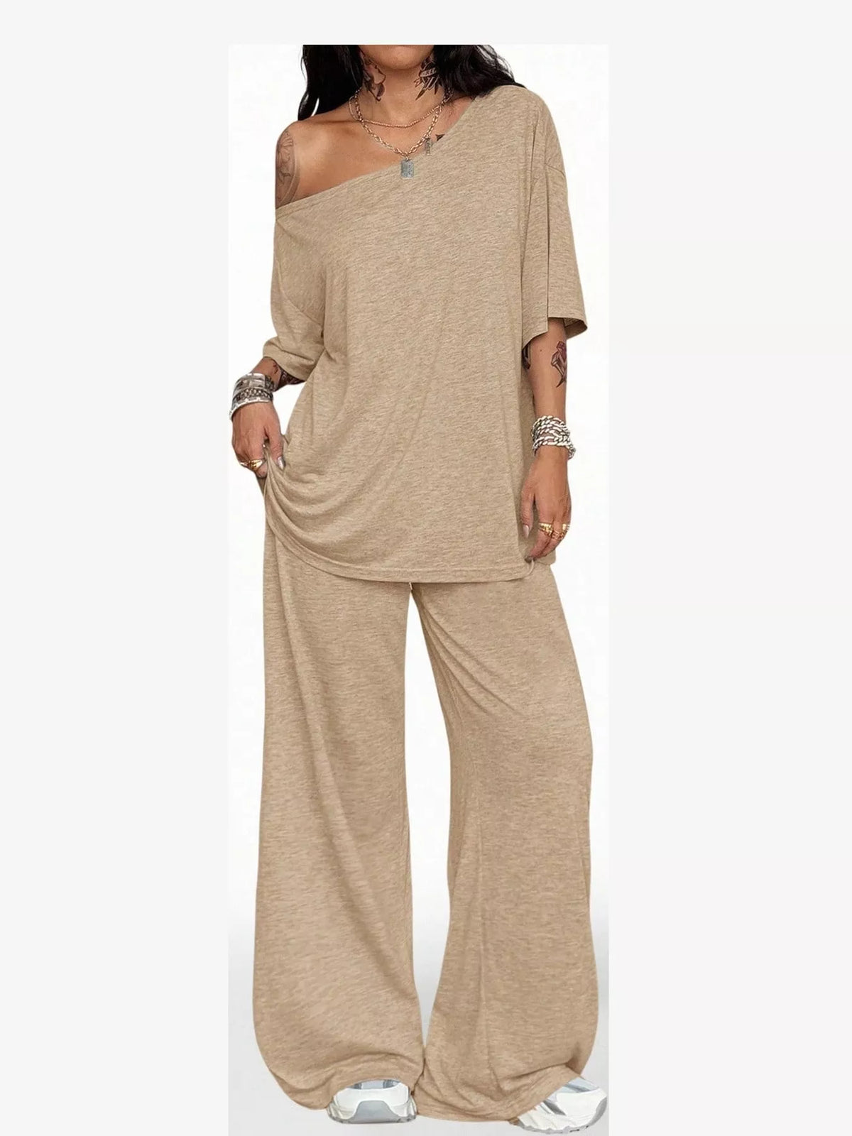 Linnea Off-Shoulder Top + Wide-Leg Pants Set in Khaki, on model