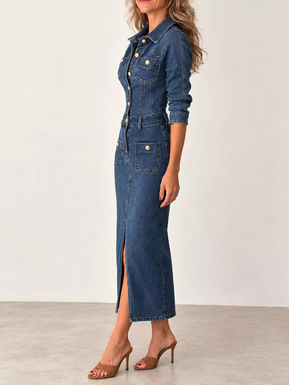 Joelle Button-Front Denim Midi Dress in Dark Blue, on model