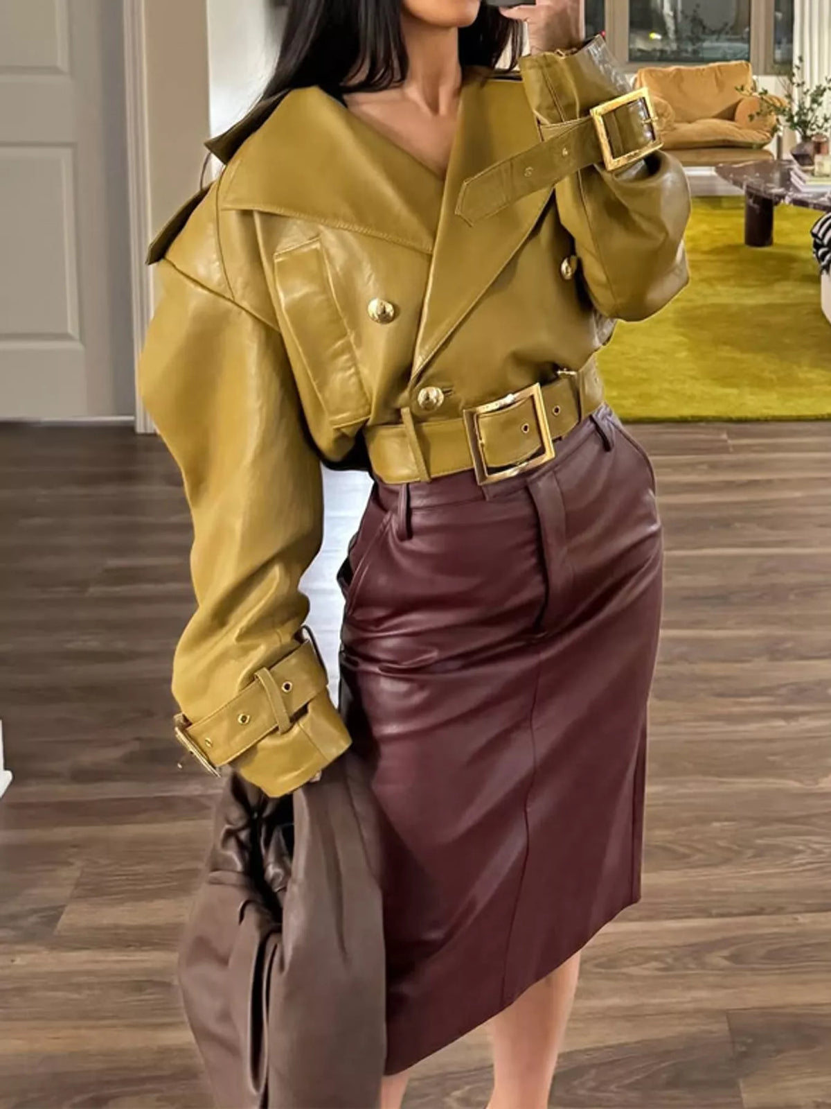 Opal Buckle Faux Leather Cropped Jacket in Chartreuse, on model
