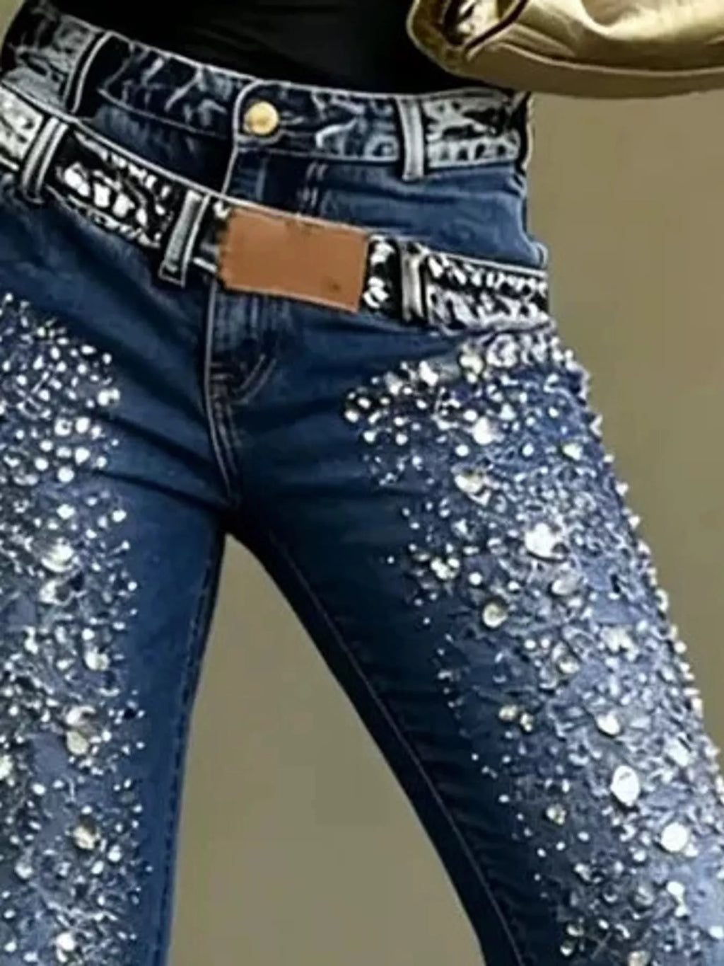 Jolie Rhinestone Slim Jeans in Dark Blue, close-up detail