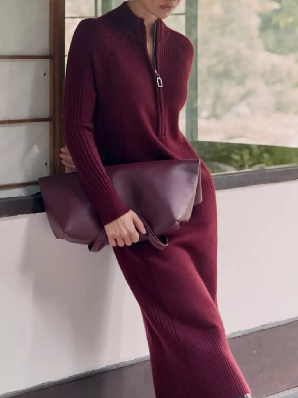 Annelise Half-Zip Ribbed Sweater Maxi Dress in Dark Red, on model
