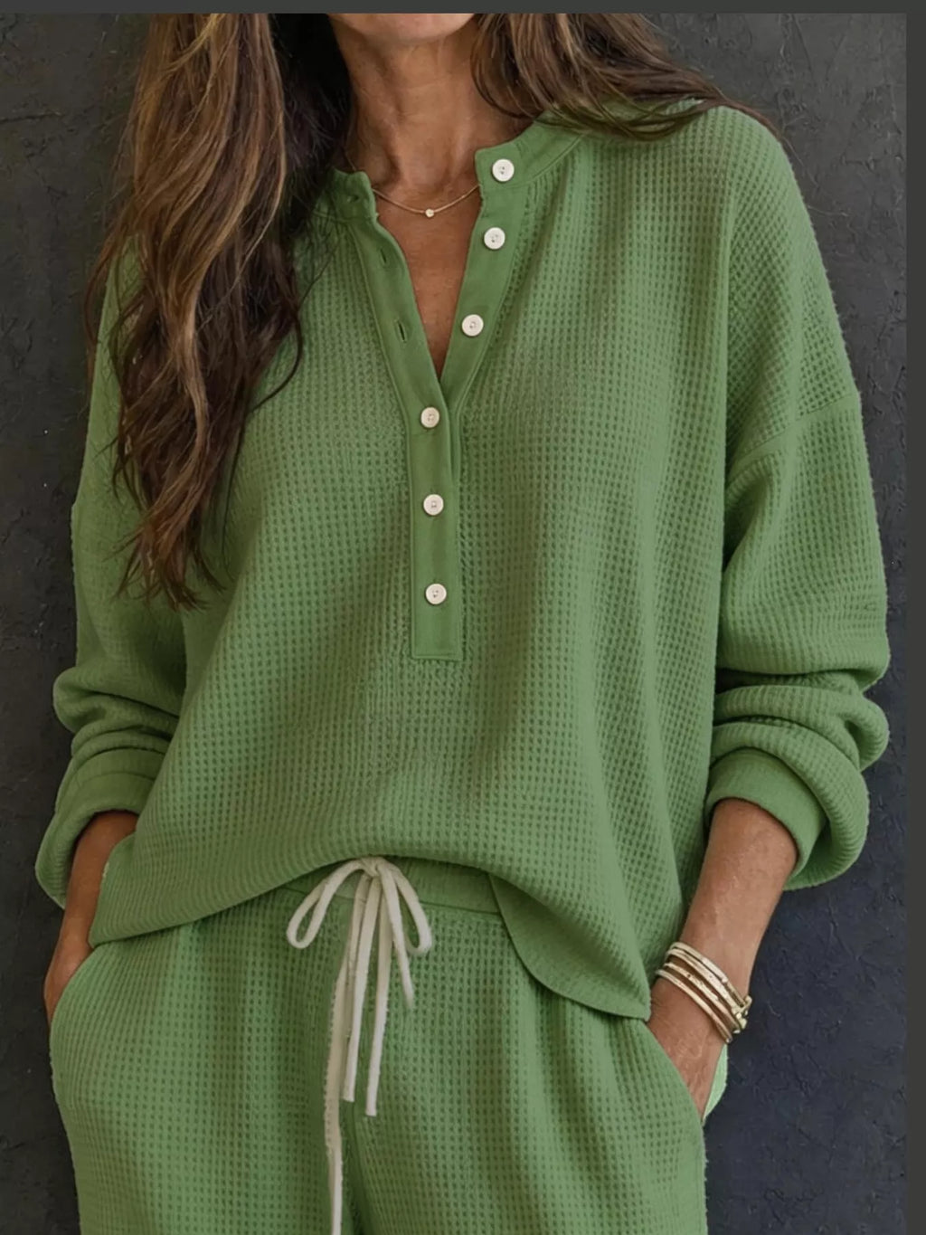 Thea Waffle-Knit Henley + Wide-Leg Pants Set in Green, on model