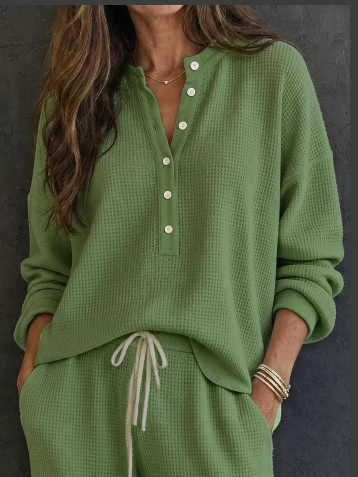 Thea Waffle-Knit Henley + Wide-Leg Pants Set in Green, on model