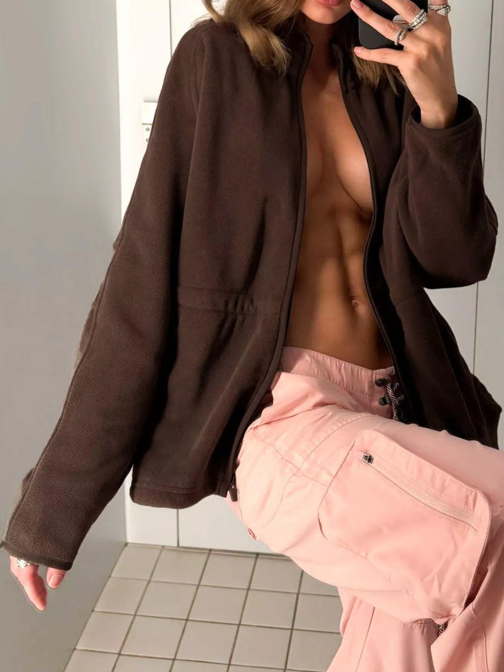 Kaia Cinched-Waist Fleece Zip-Up Jacket in Brown, on model
