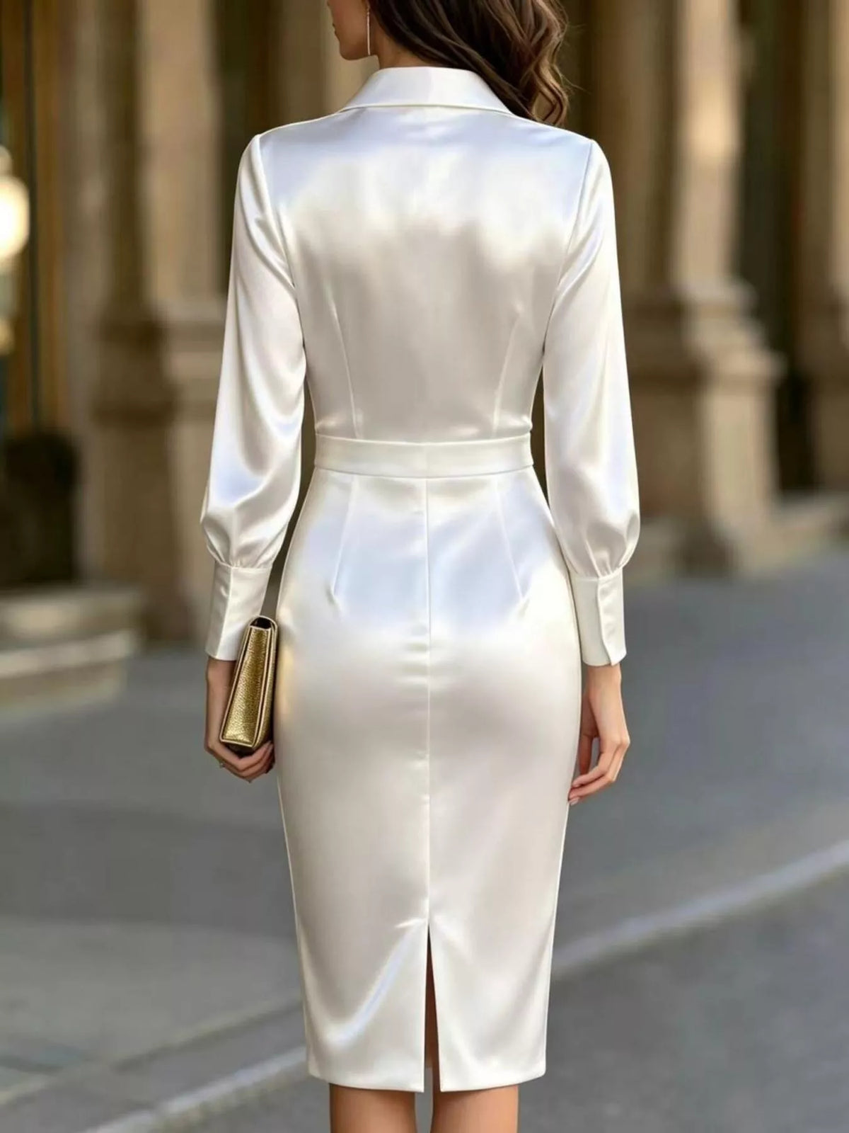 Romy Satin Lantern-Sleeve Midi Dress in White, on model