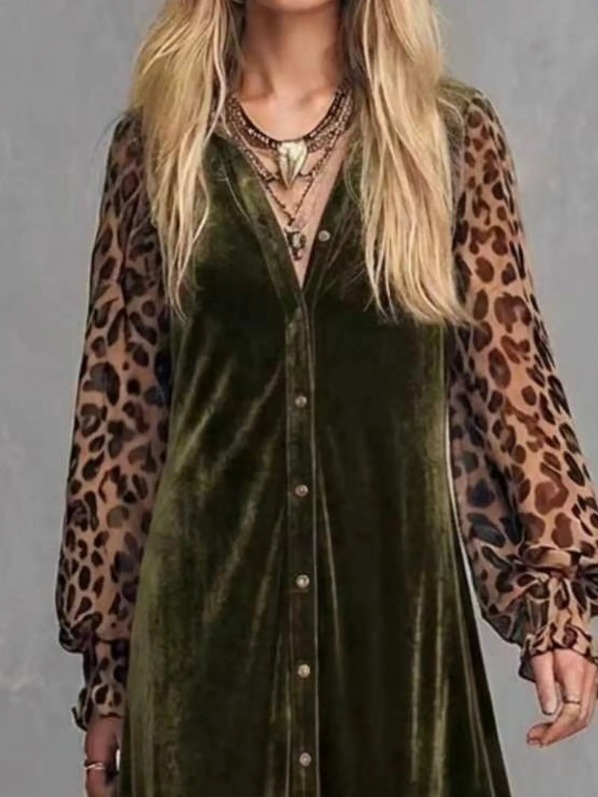 Coraline Leopard-Sleeve Velvet Maxi Dress in Army Green, on model