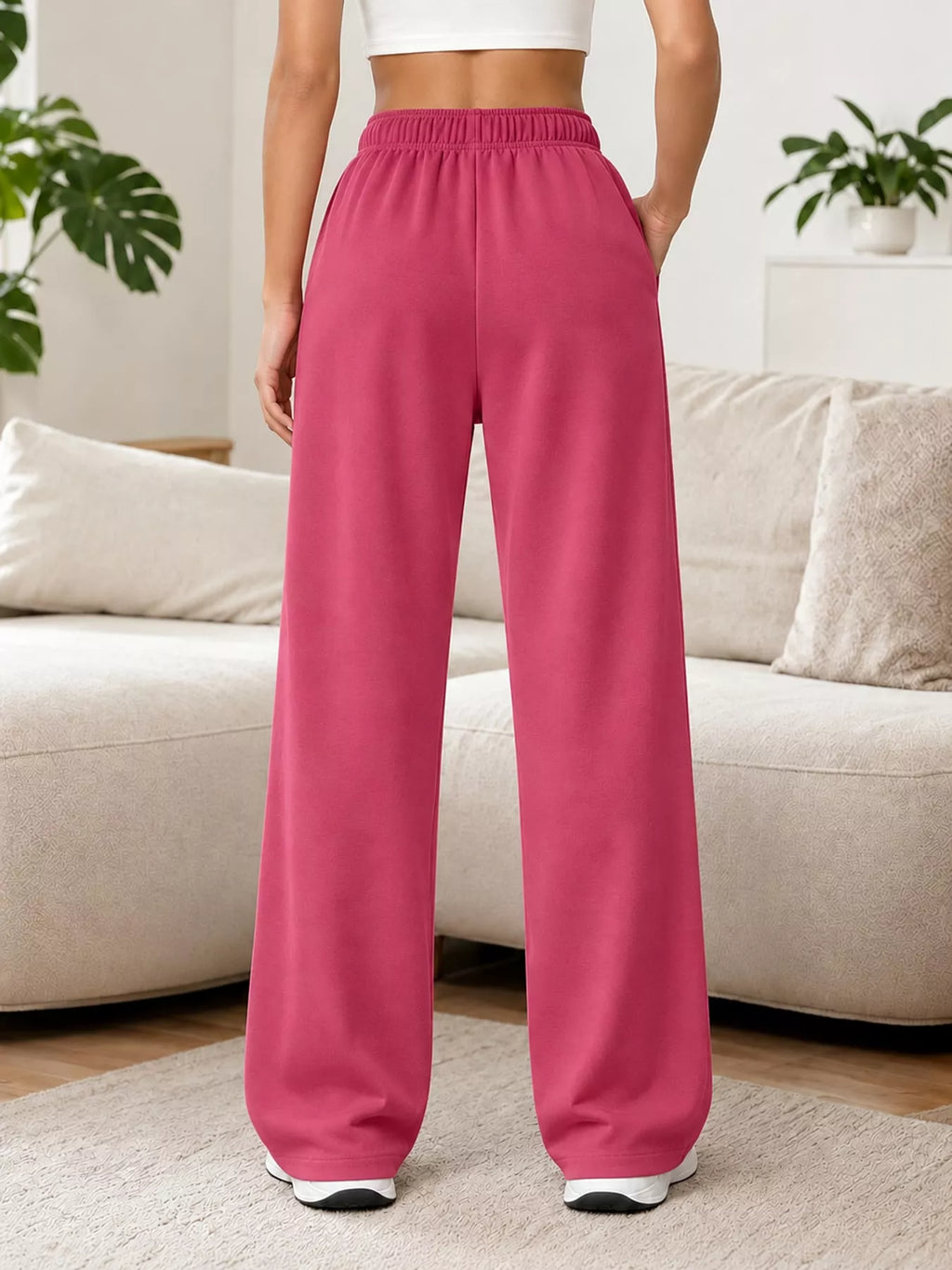 Odessa Drawstring Wide-Leg Sweatpants in Rose Red, on model