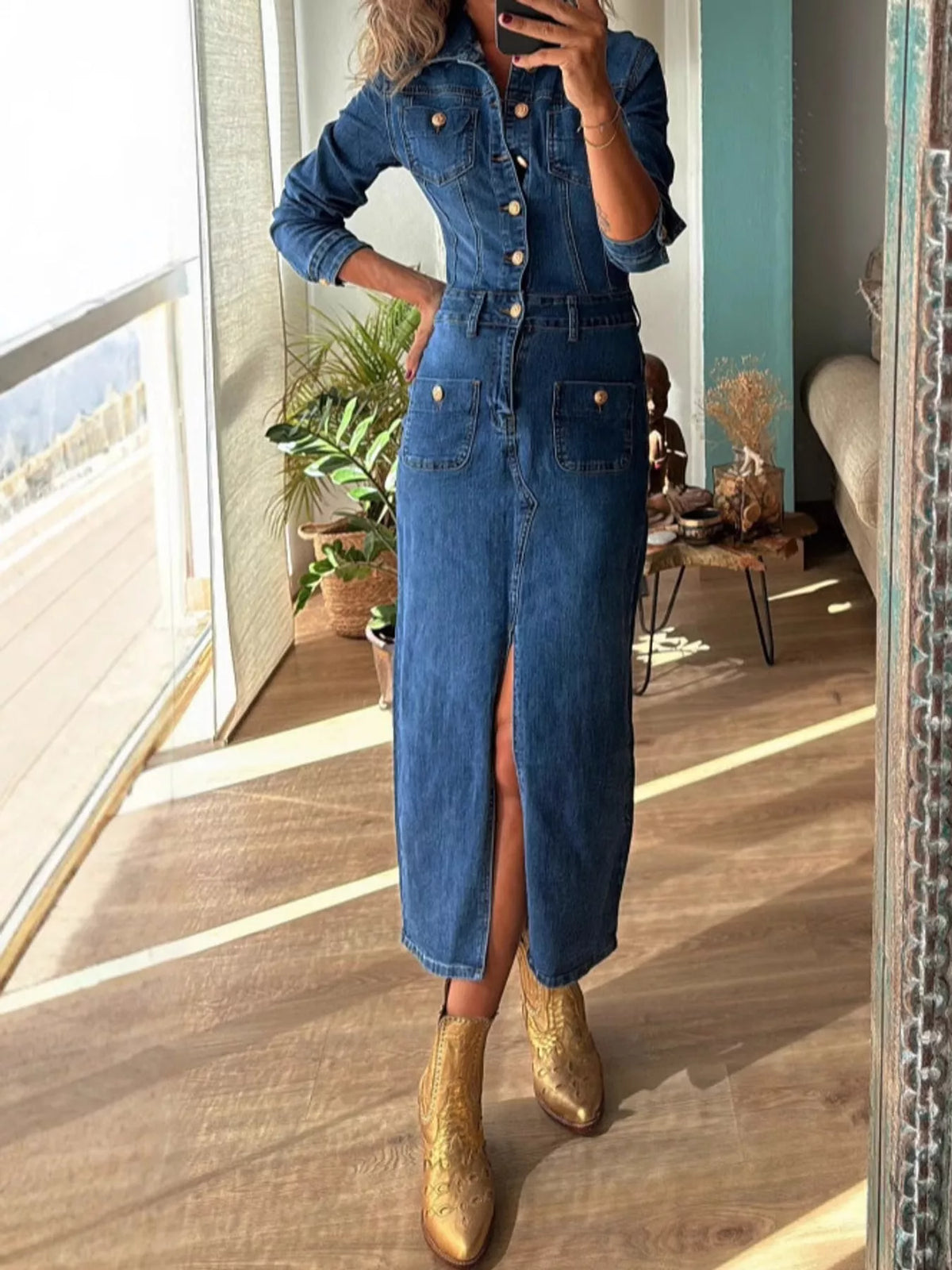 Joelle Button-Front Denim Midi Dress in Dark Blue, on model