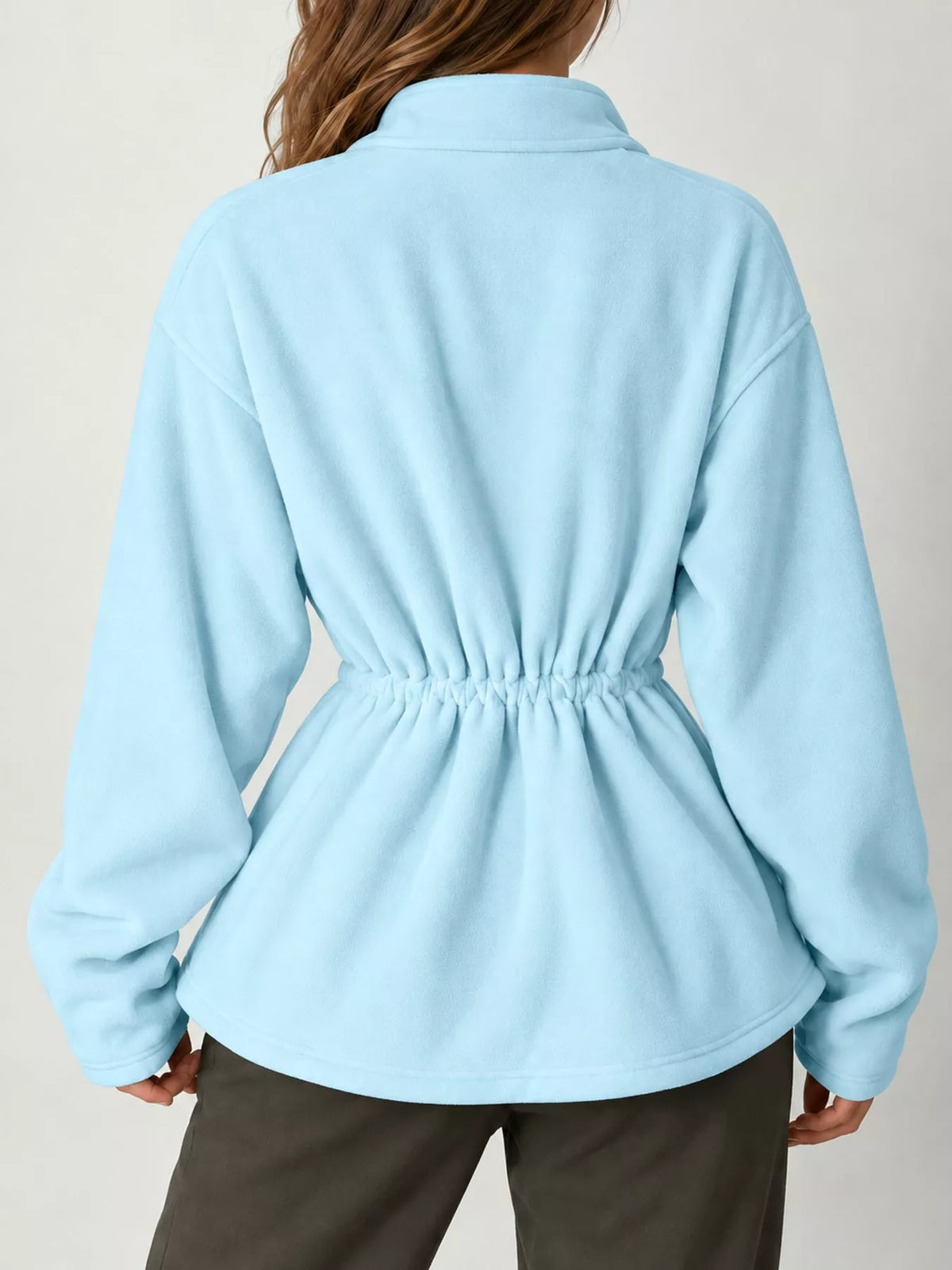 Kaia Cinched-Waist Fleece Zip-Up Jacket in Blue, on model