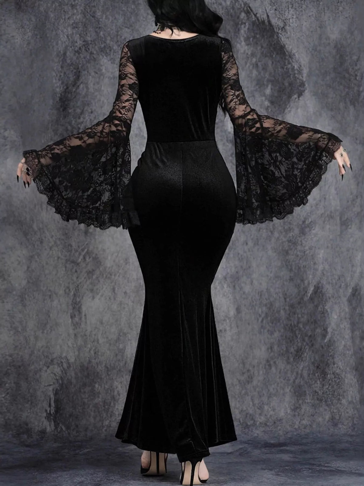 Romilly Velvet Lace Bell-Sleeve Mermaid Maxi Dress in Black, on model