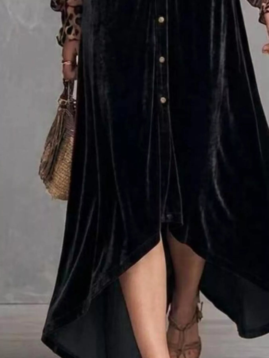 Coraline Leopard-Sleeve Velvet Maxi Dress in Black, on model