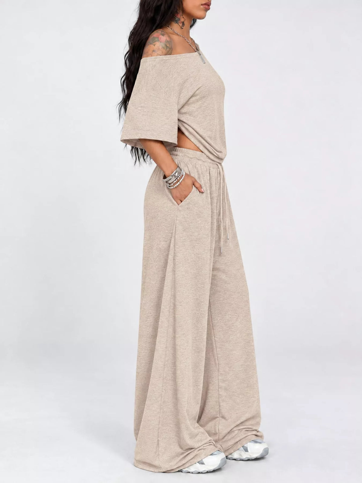 Linnea Off-Shoulder Top + Wide-Leg Pants Set in Apricot, on model