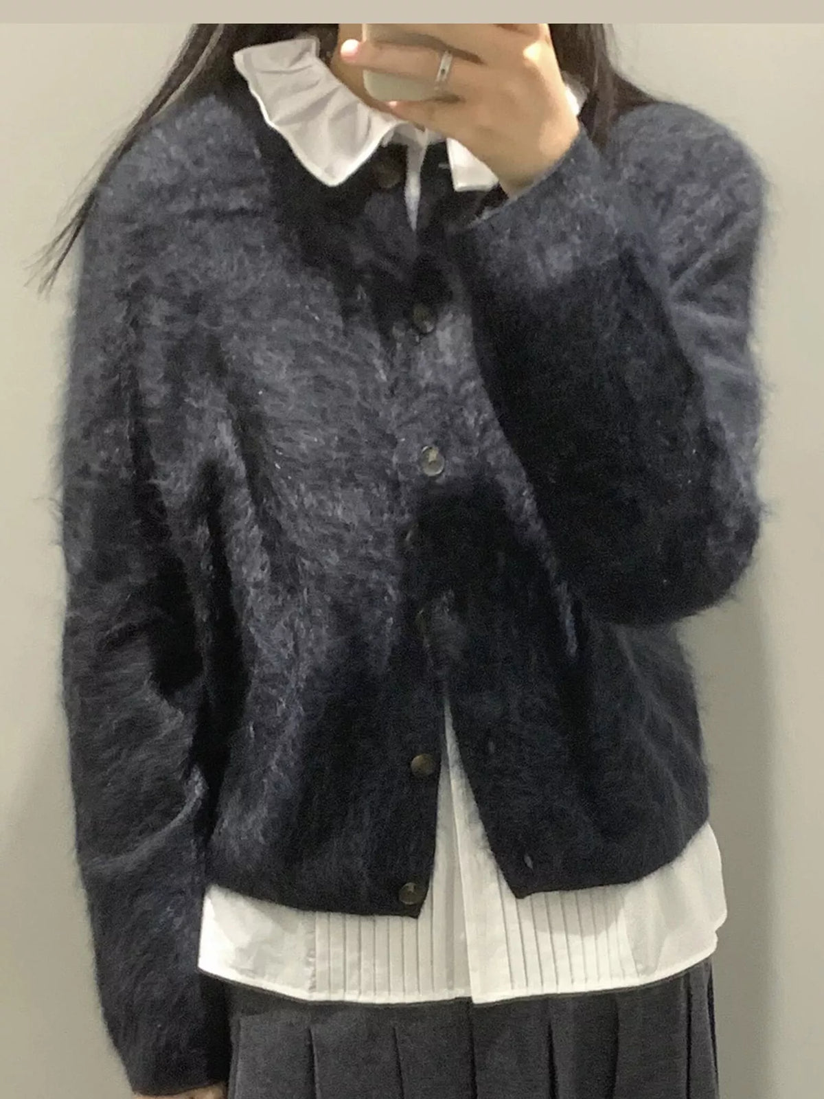Flora Fuzzy Cropped Button Cardigan in Dark Gray, on model