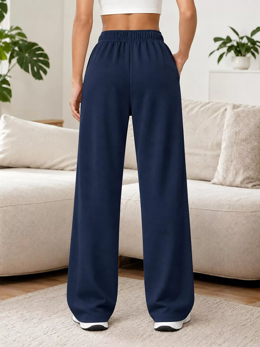 Odessa Drawstring Wide-Leg Sweatpants in Navy Blue, on model