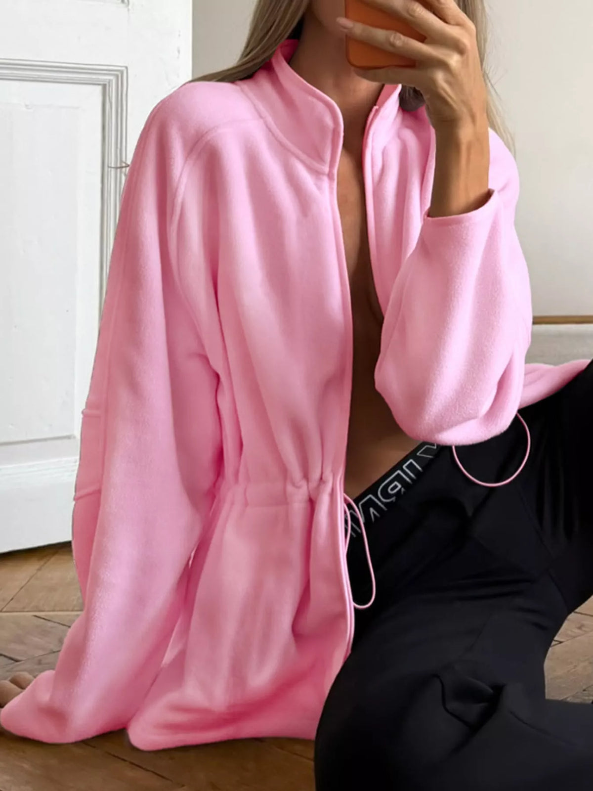 Kaia Cinched-Waist Fleece Zip-Up Jacket in Pink, on model
