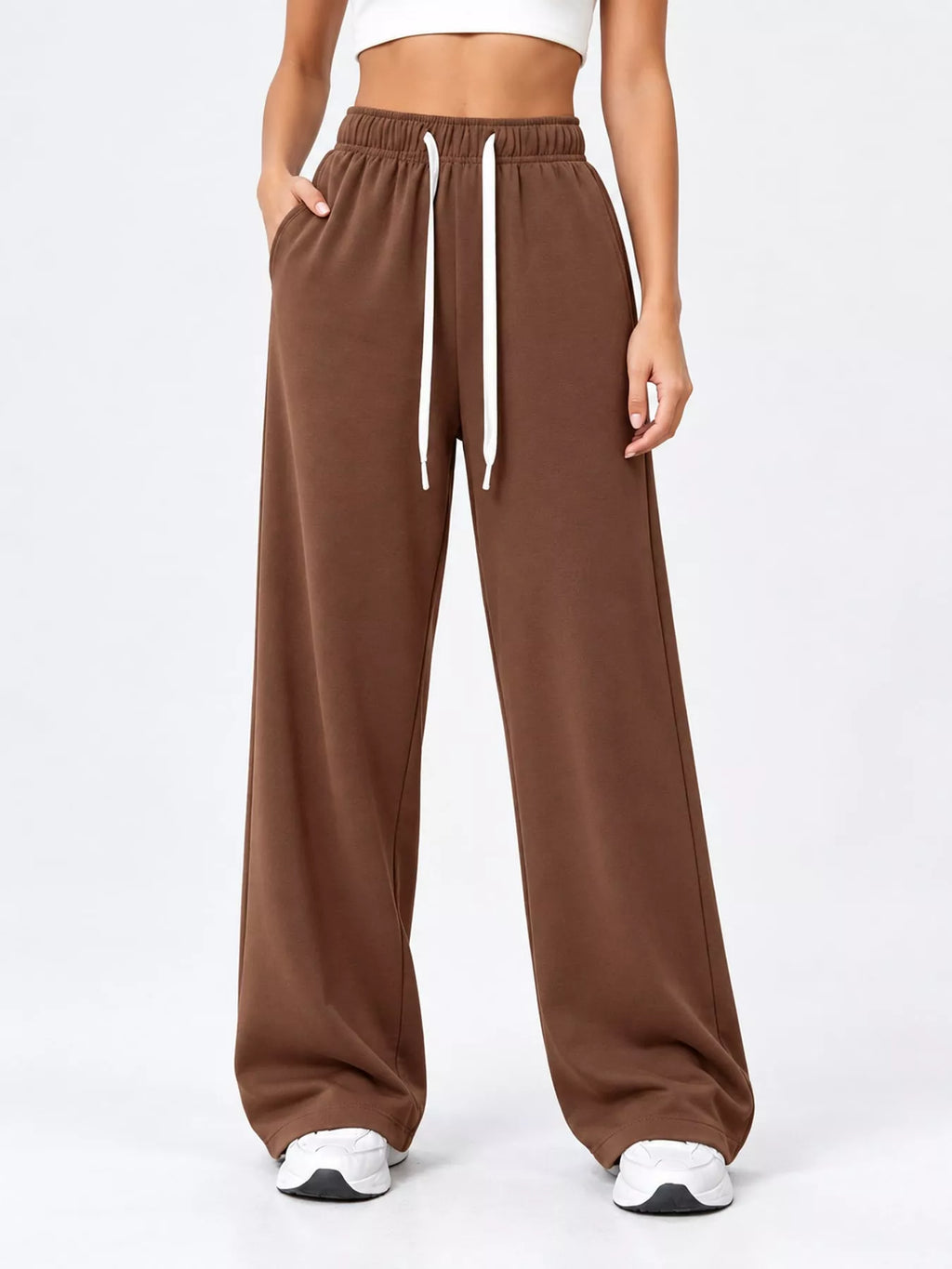 Odessa Drawstring Wide-Leg Sweatpants in Brown, on model