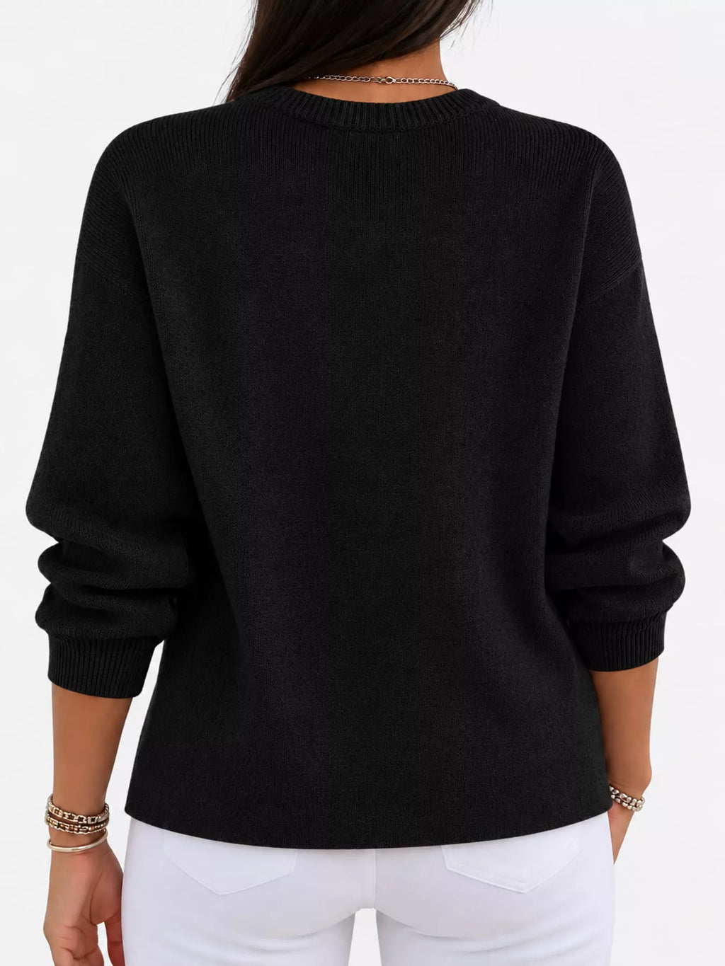 Corinne Classic Crew-Neck Sweater in Black, on model