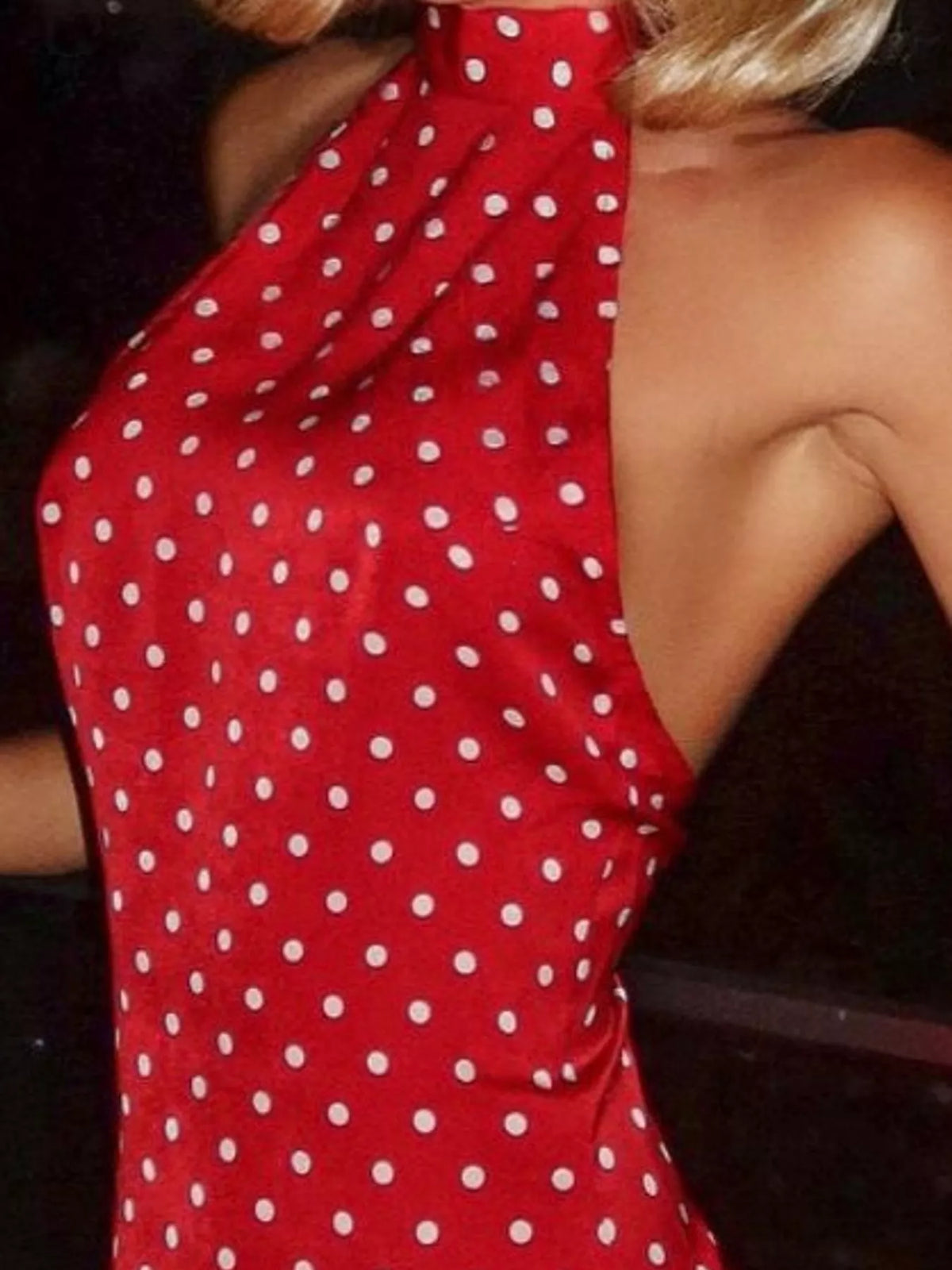 Polly Polka Dot Halter Mini Dress in Red, on model