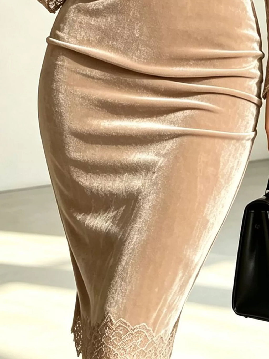 Seraphina Velvet Lace Bodycon Midi Dress in Khaki, close-up detail
