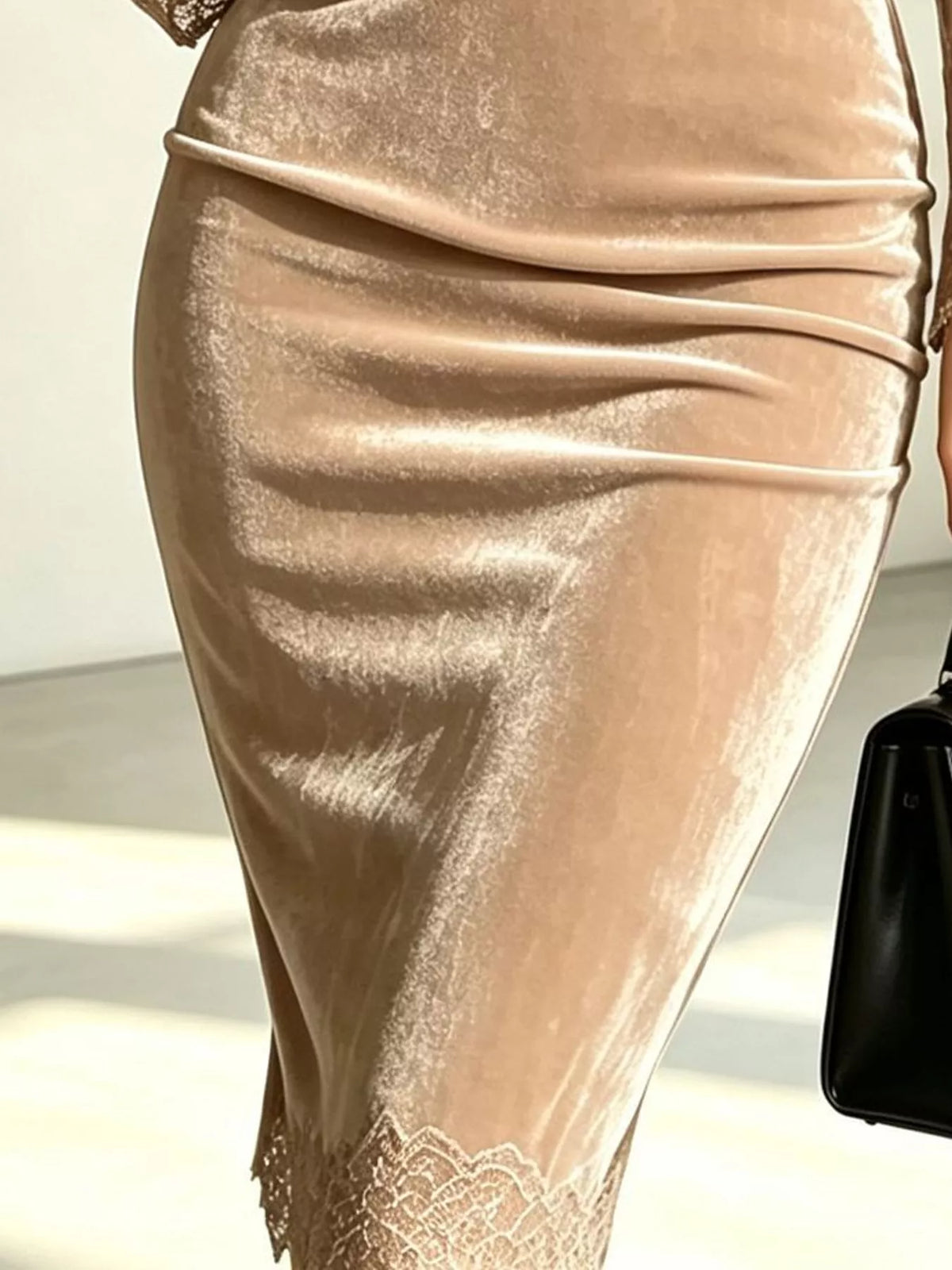 Seraphina Velvet Lace Bodycon Midi Dress in Khaki, close-up detail