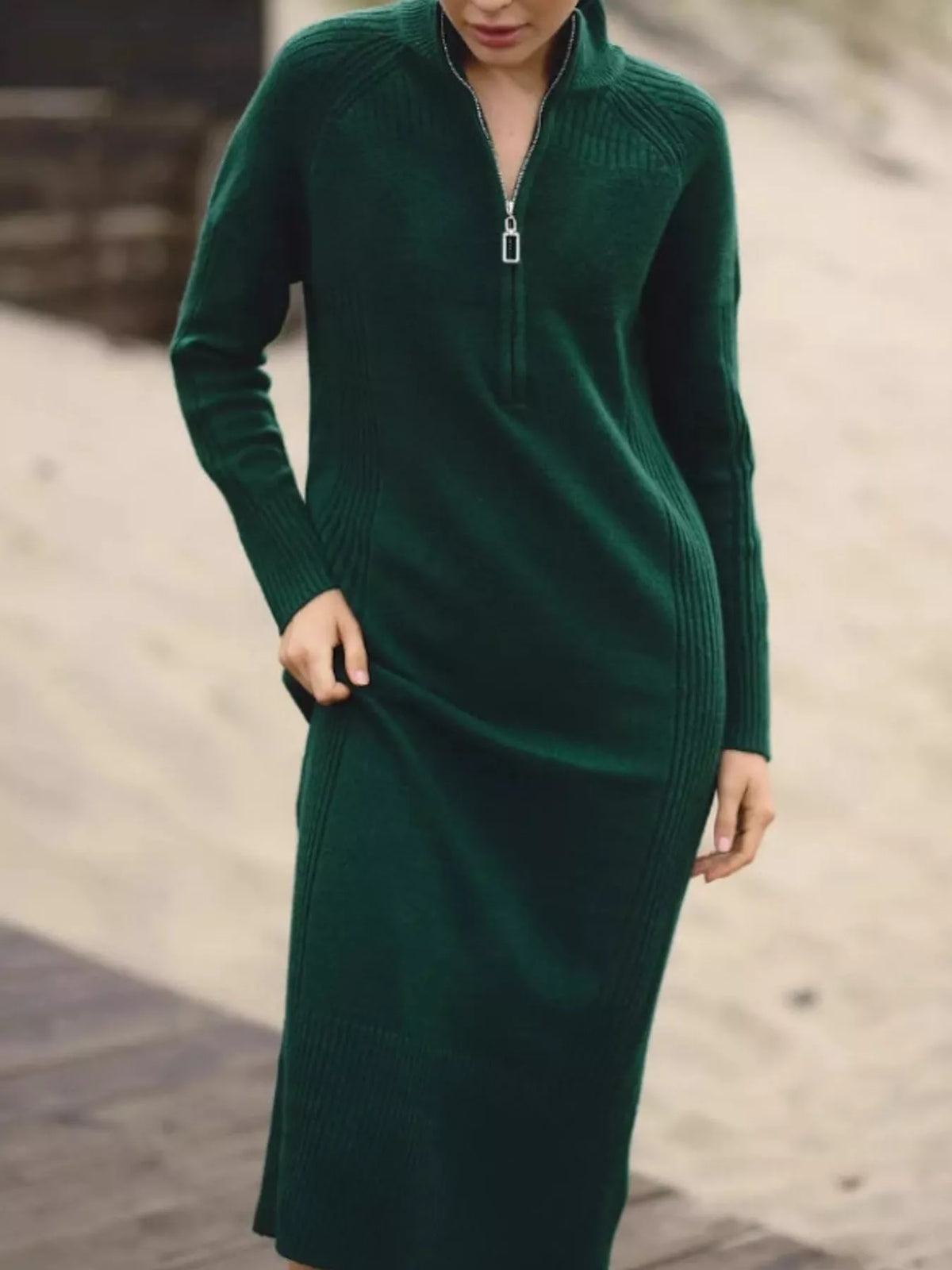 Annelise Half-Zip Ribbed Sweater Maxi Dress in Dark Green, on model