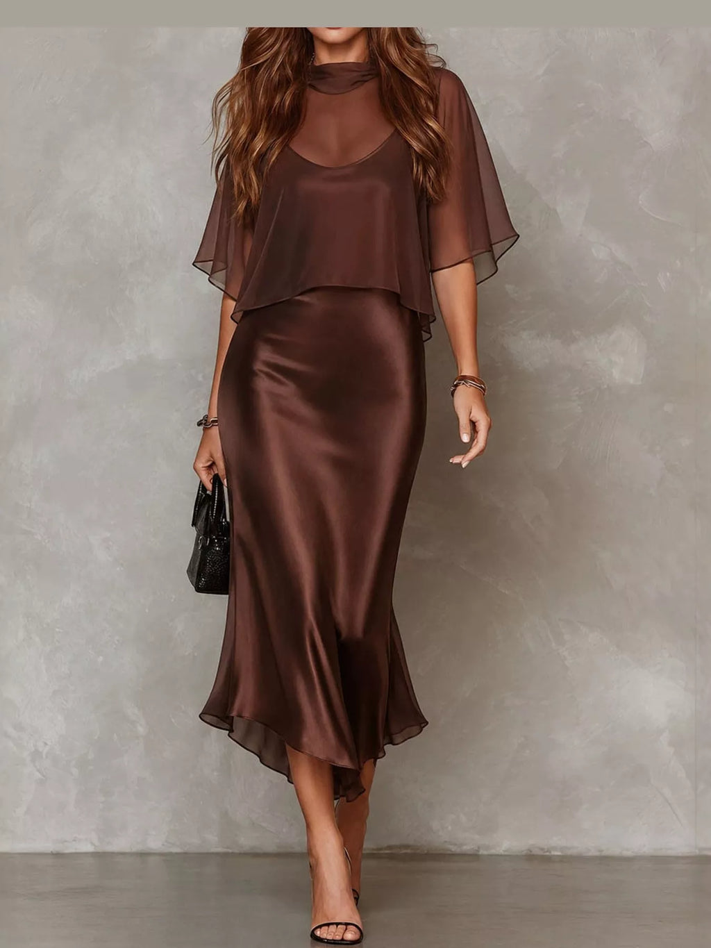 Calla Satin Slip Dress + Sheer Cape Set in Coffee, on model