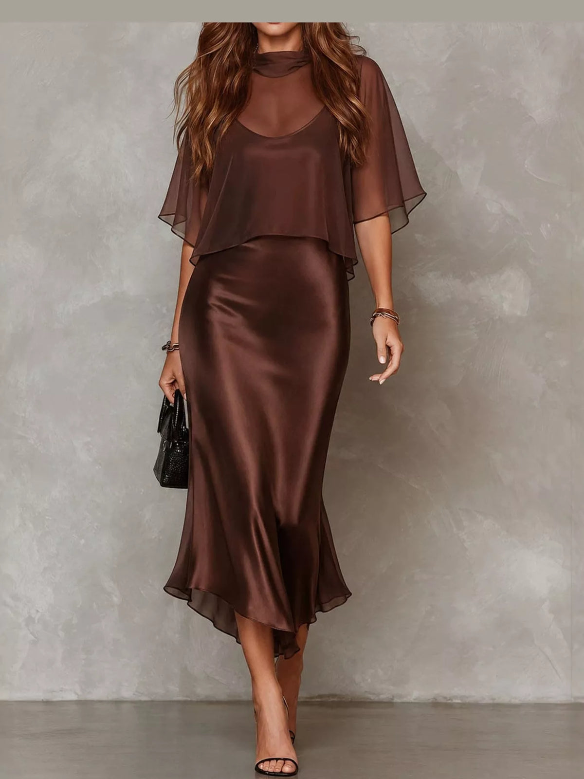 Calla Satin Slip Dress + Sheer Cape Set in Coffee, on model