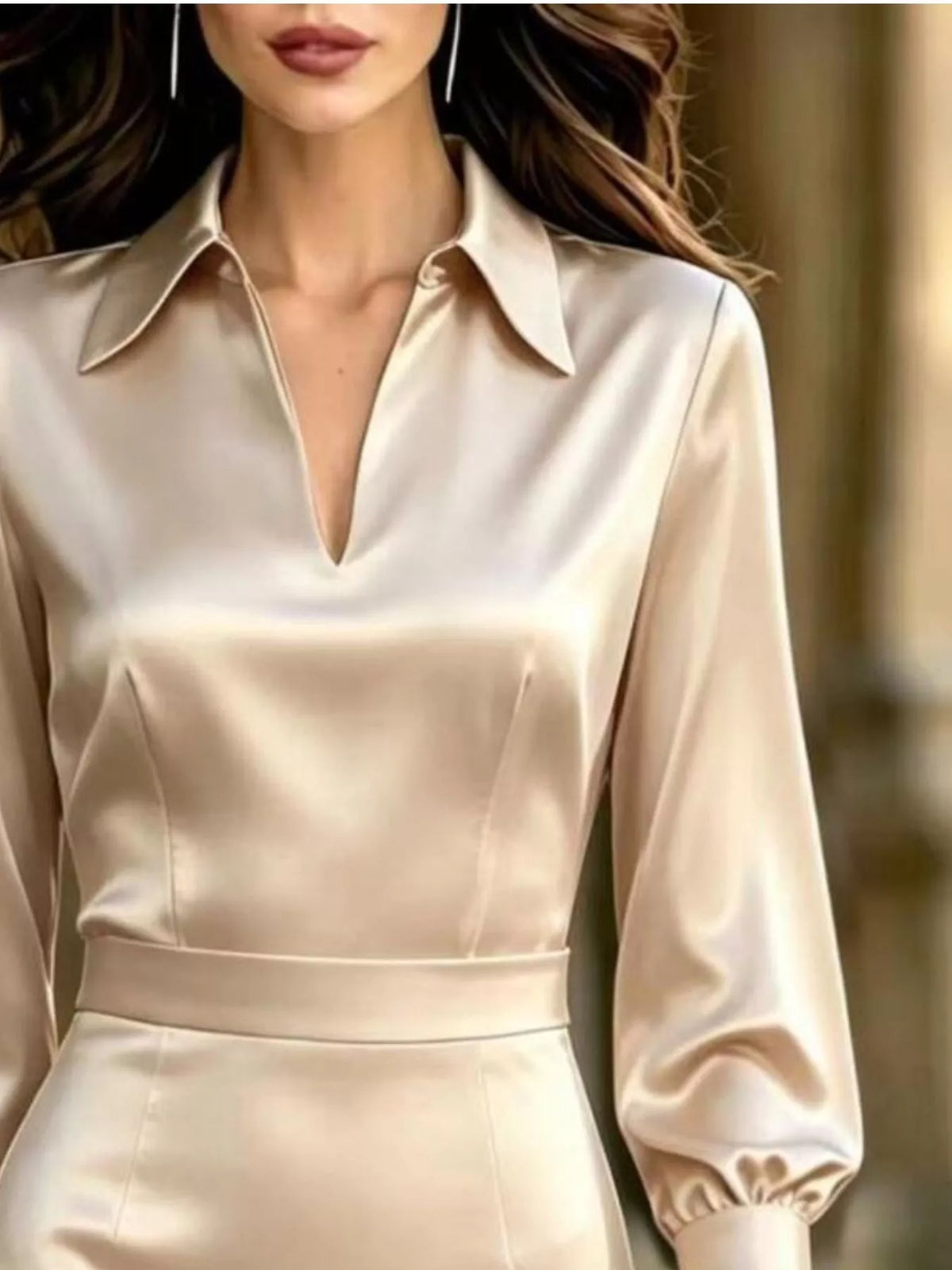 Romy Satin Lantern-Sleeve Midi Dress in Tan, on model