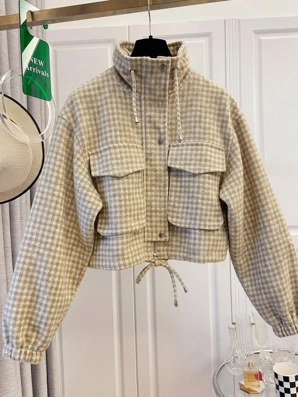 Sadie Houndstooth Cropped Utility Jacket in Apricot, on model