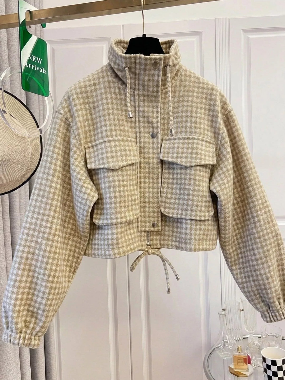 Sadie Houndstooth Cropped Utility Jacket in Apricot, on model