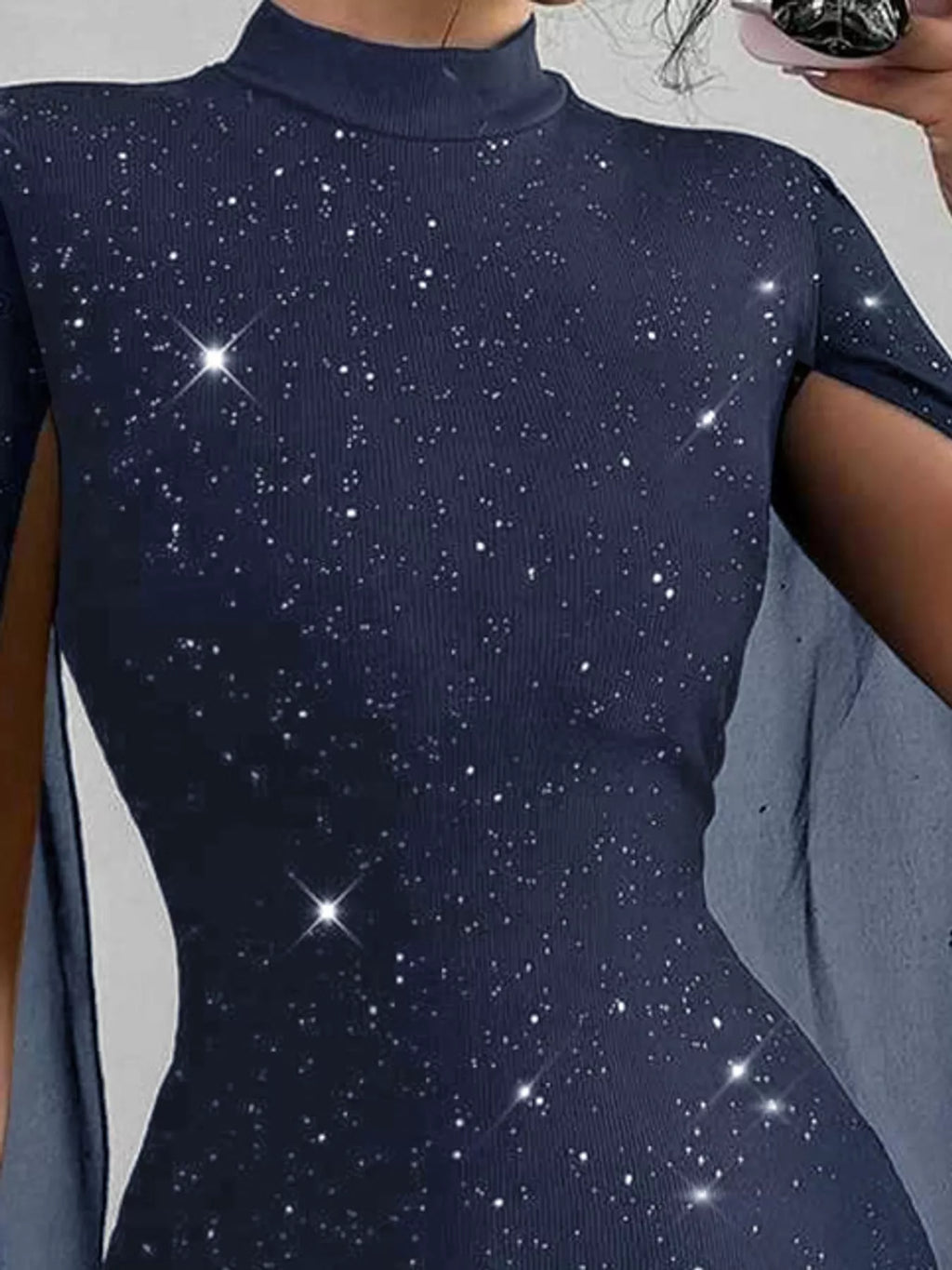 Coralie Glitter Cape-Sleeve Mock-Neck Mini Dress in Blue, on model