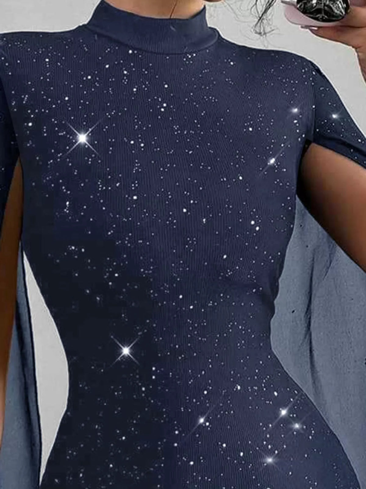Coralie Glitter Cape-Sleeve Mock-Neck Mini Dress in Blue, on model