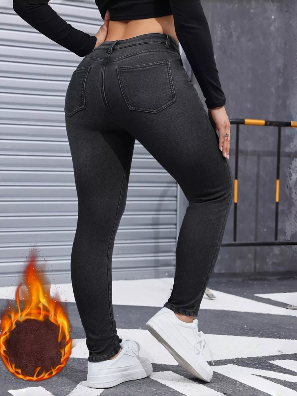 Willa Fleece-Lined Skinny Jeans in Black Gray, on model