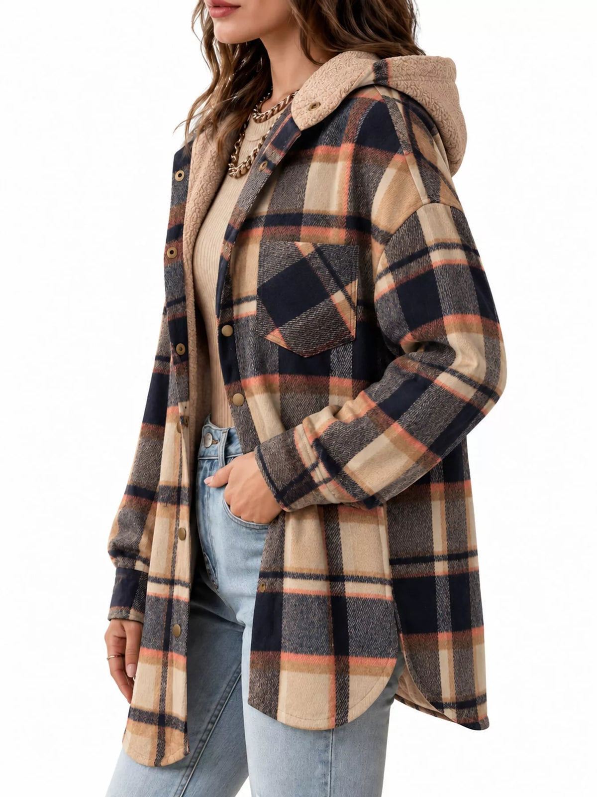 Nina Plaid Hooded Shacket in Coffee, on model