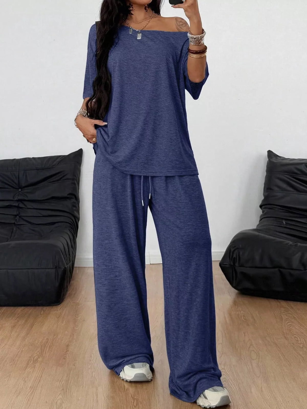 Linnea Off-Shoulder Top + Wide-Leg Pants Set in Navy, on model