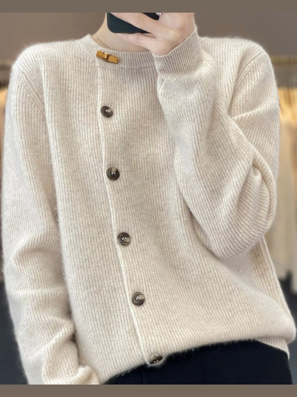 Nell Asymmetric Button Ribbed Cardigan in Pearl Barley, on model