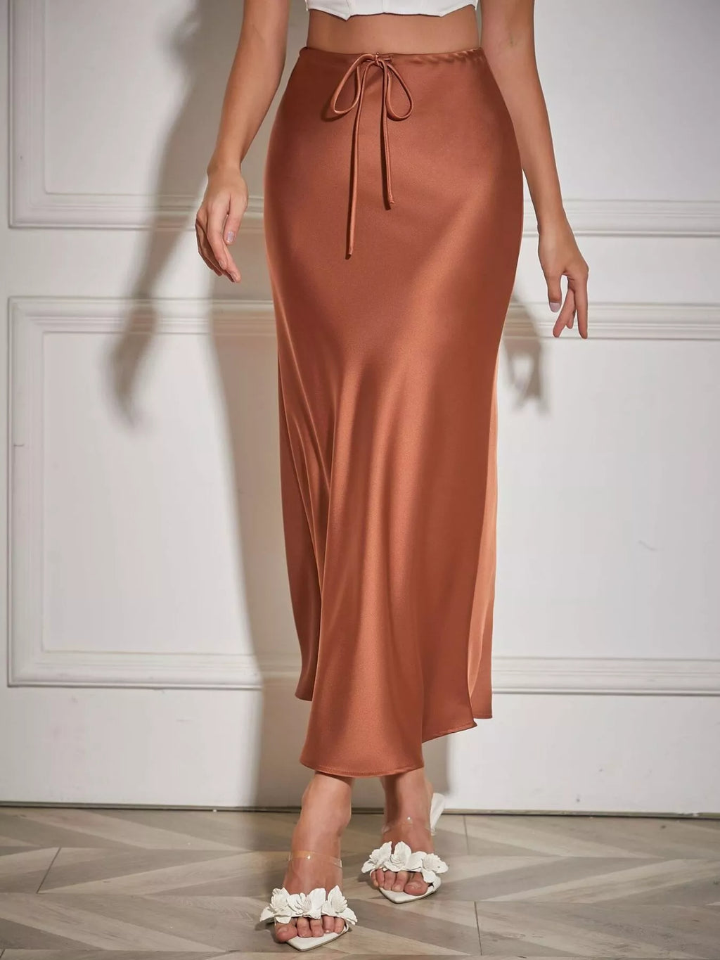 Jacqueline Cognac Satin Midi Skirt, on model