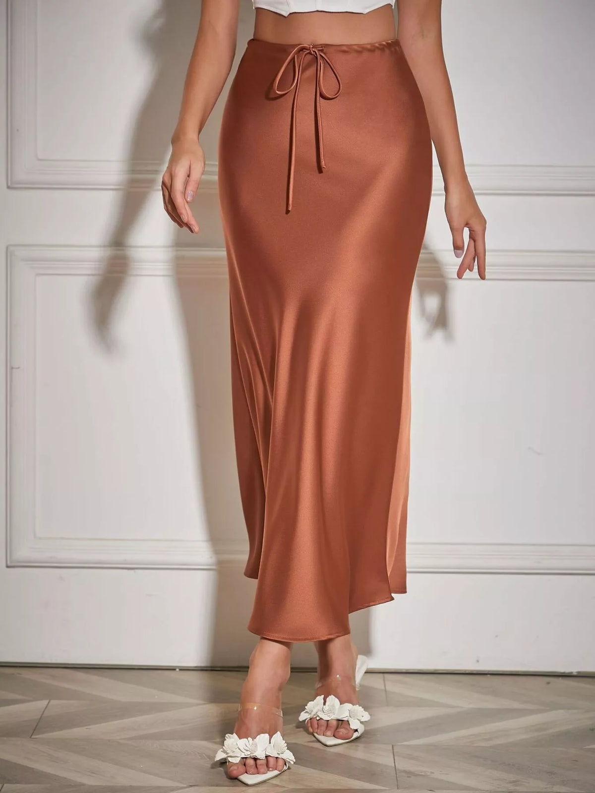 Jacqueline Cognac Satin Midi Skirt, on model