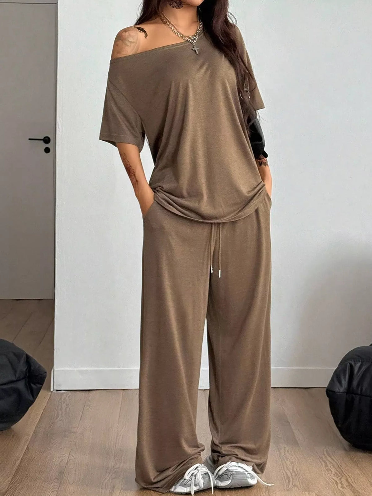 Linnea Off-Shoulder Top + Wide-Leg Pants Set in Dark Coffee, on model