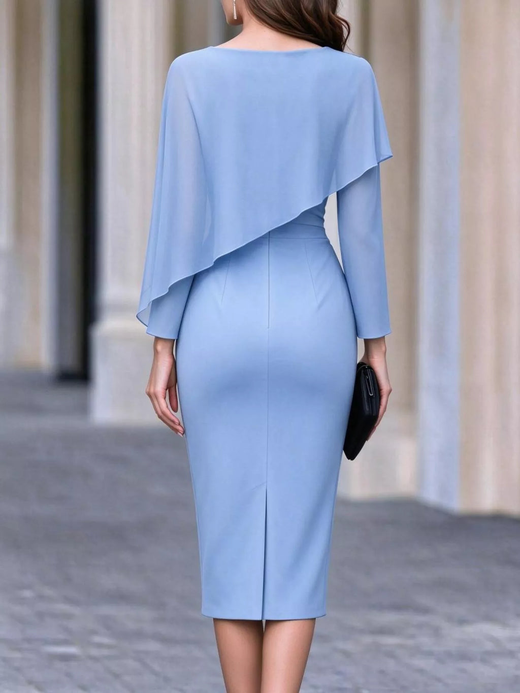 Rosalind Cape-Sleeve Midi Dress in Light Blue, on model