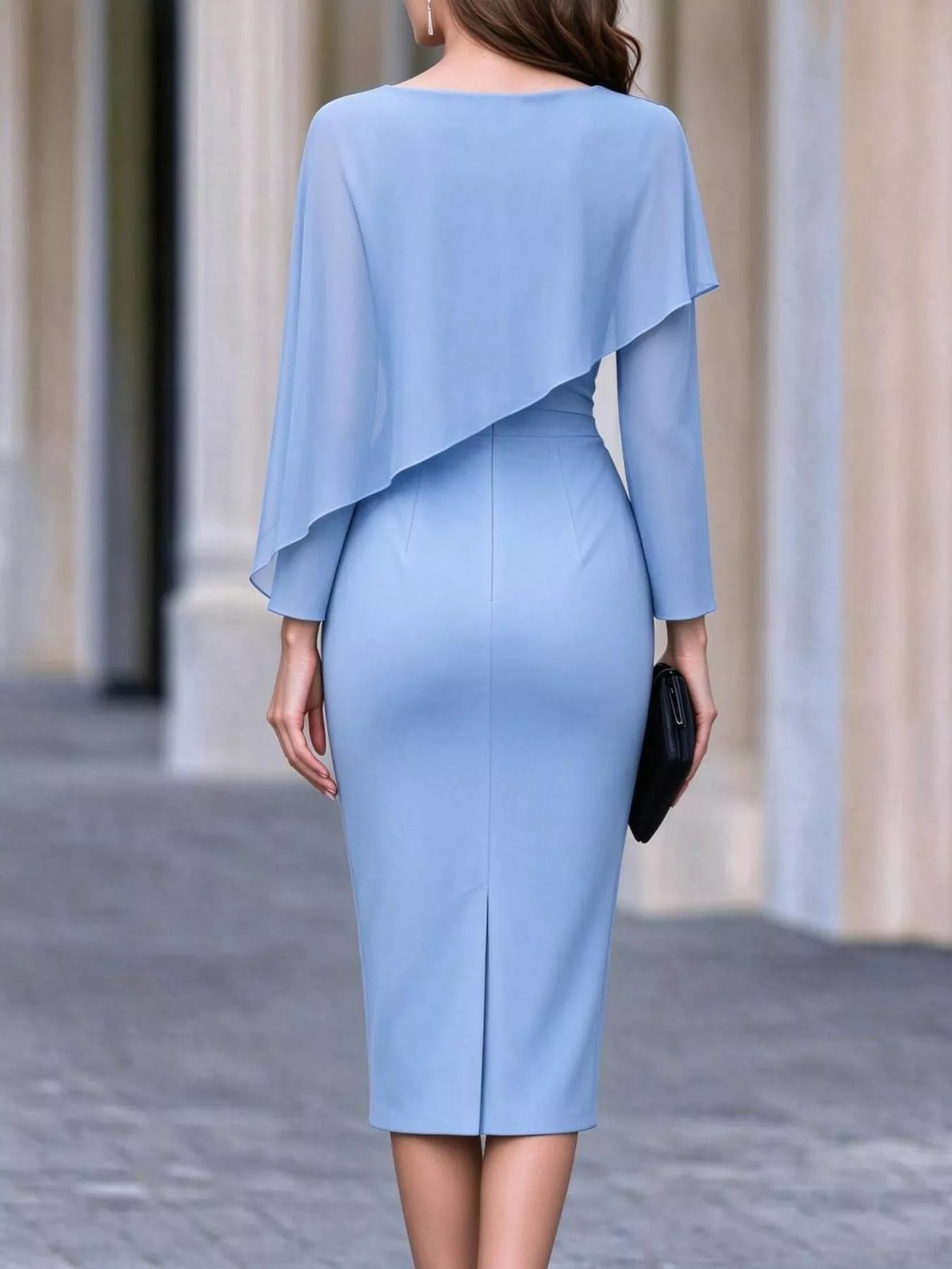 Rosalind Cape-Sleeve Midi Dress in Light Blue, on model