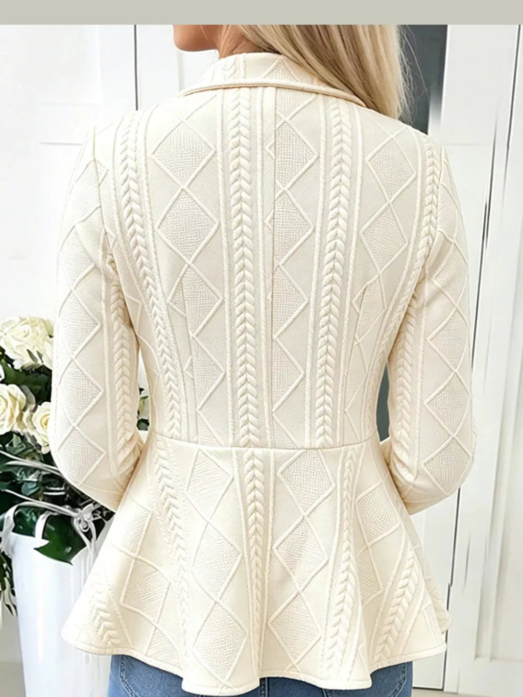 Briar Cable-Knit Peplum Cardigan in White, on model