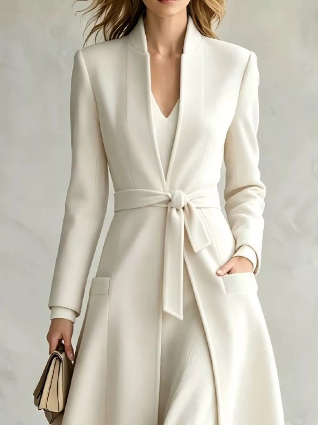 Fiora Tie-Waist Long Coat in White, on model