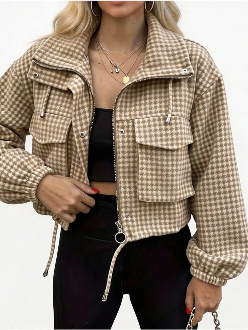 Sadie Houndstooth Cropped Utility Jacket in Apricot, on model